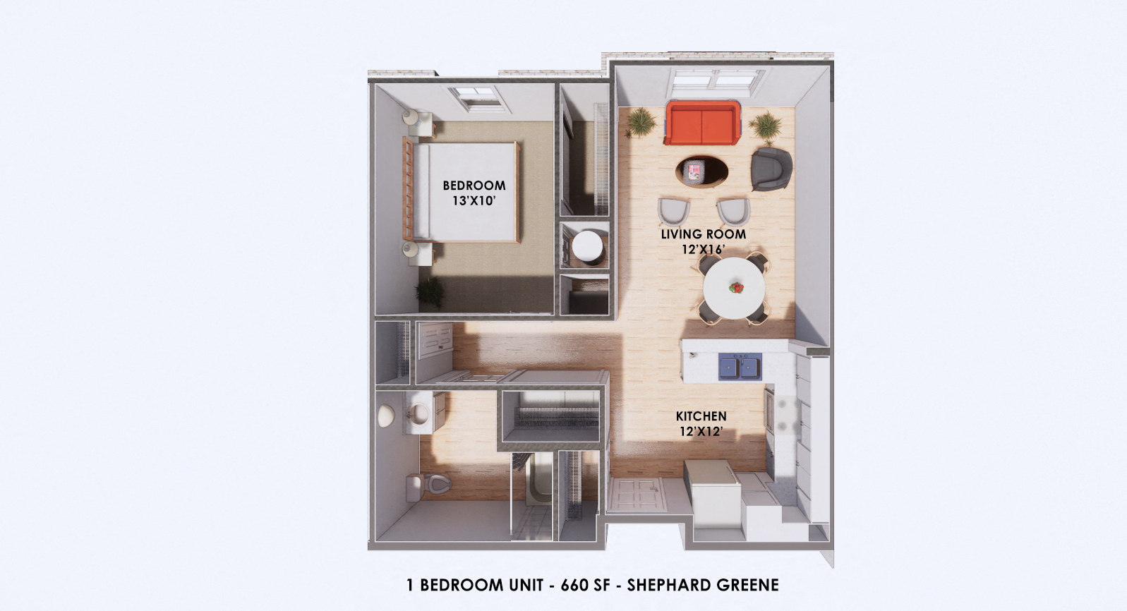 Floor plan for 1 bed, 1 bath, 660 sqft